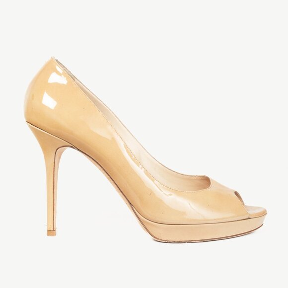 Jimmy Choo Luna Tan Patent-Leather Peep-Toe Platform Pumps - Picture 1 of 9